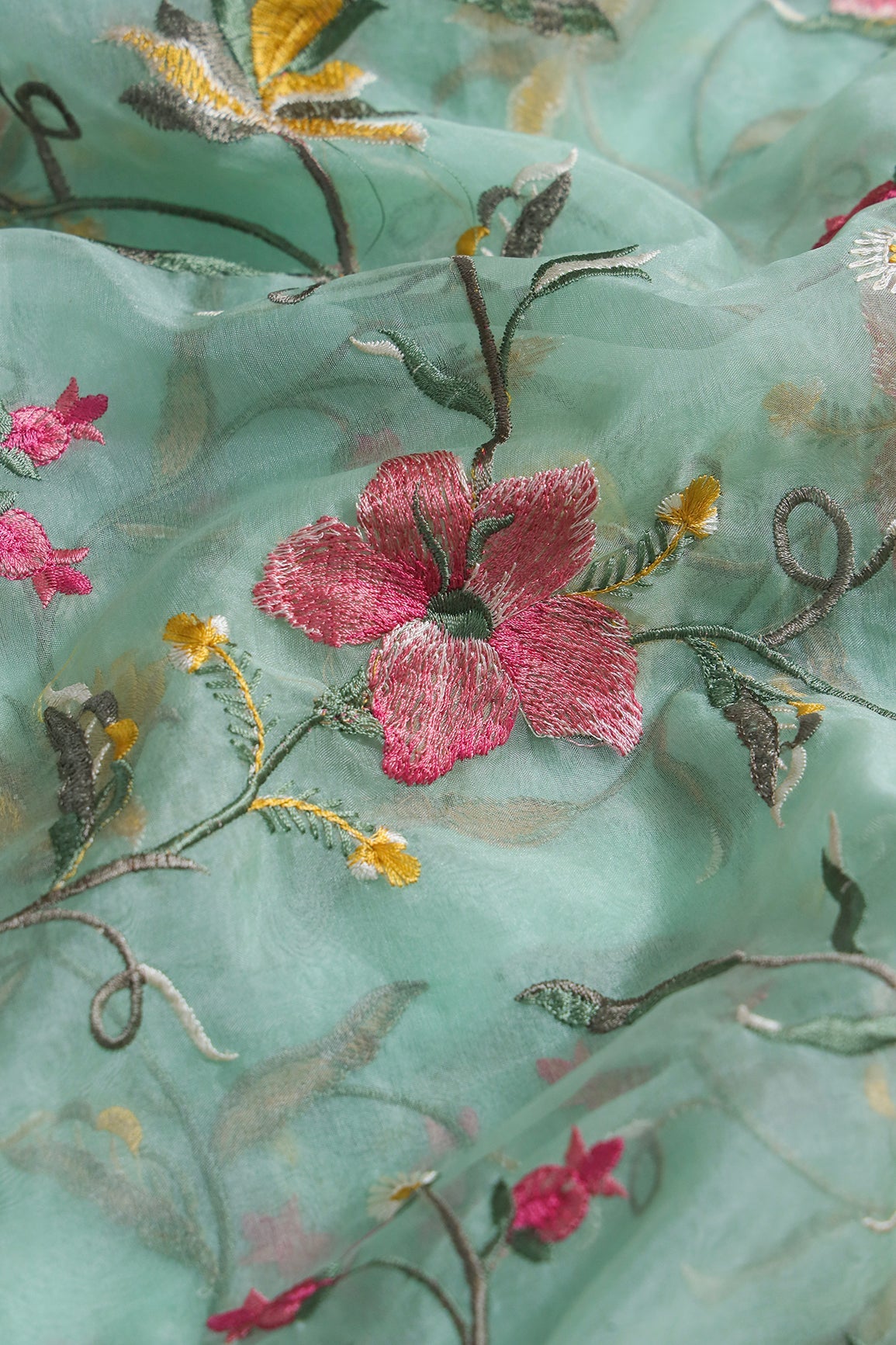 AIzaSyBcstauz-XMPRhEY21AUzeo032pxrXB5Ug - Elegant Floral Multi Color Thread Embroidery Work On Sea Green Organza Fabric