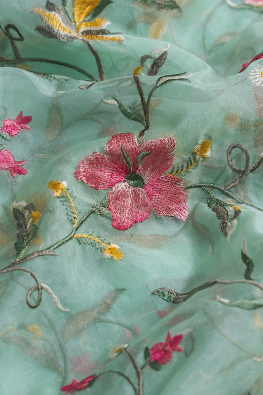 AIzaSyBcstauz-XMPRhEY21AUzeo032pxrXB5Ug - Elegant Floral Multi Color Thread Embroidery Work On Sea Green Organza Fabric