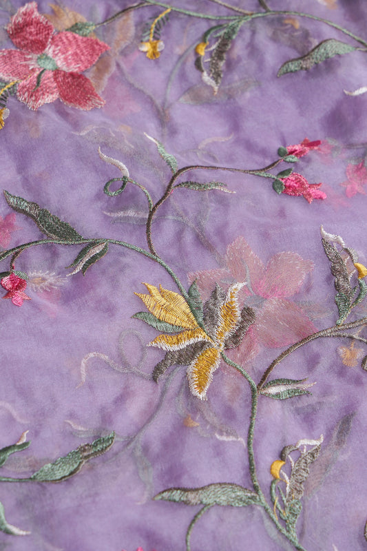 AIzaSyBcstauz-XMPRhEY21AUzeo032pxrXB5Ug - Elegant Floral Multi Color Thread Embroidery Work On Lavender Organza Fabric