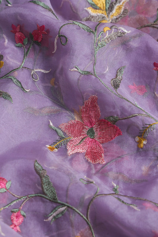 AIzaSyBcstauz-XMPRhEY21AUzeo032pxrXB5Ug - Elegant Floral Multi Color Thread Embroidery Work On Lavender Organza Fabric