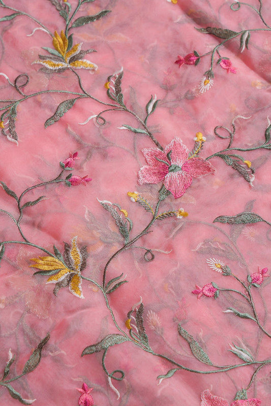 AIzaSyBcstauz-XMPRhEY21AUzeo032pxrXB5Ug - Elegant Floral Multi Color Thread Embroidery Work On Peach Organza Fabric