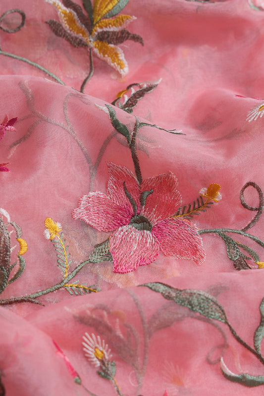 AIzaSyBcstauz-XMPRhEY21AUzeo032pxrXB5Ug - Elegant Floral Multi Color Thread Embroidery Work On Peach Organza Fabric