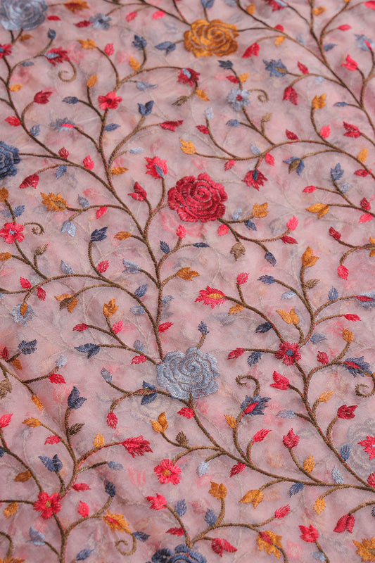 AIzaSyBcstauz-XMPRhEY21AUzeo032pxrXB5Ug - Beautiful Floral Multi Color Thread with Sequins Embroidery Work On Peach Organza Fabric