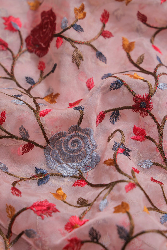 AIzaSyBcstauz-XMPRhEY21AUzeo032pxrXB5Ug - Beautiful Floral Multi Color Thread with Sequins Embroidery Work On Peach Organza Fabric