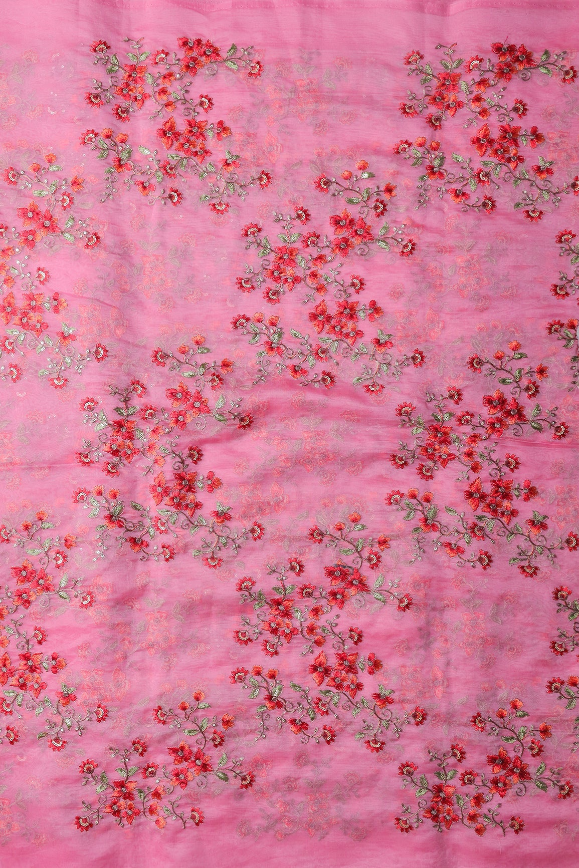 AIzaSyBcstauz-XMPRhEY21AUzeo032pxrXB5Ug - Gold Sequins With Thread Floral Embroidery On Pink Organza Fabric