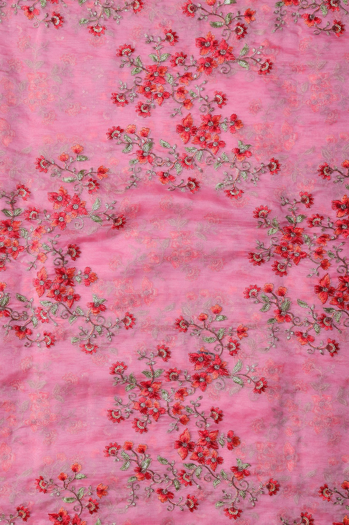 AIzaSyBcstauz-XMPRhEY21AUzeo032pxrXB5Ug - Gold Sequins With Thread Floral Embroidery On Pink Organza Fabric