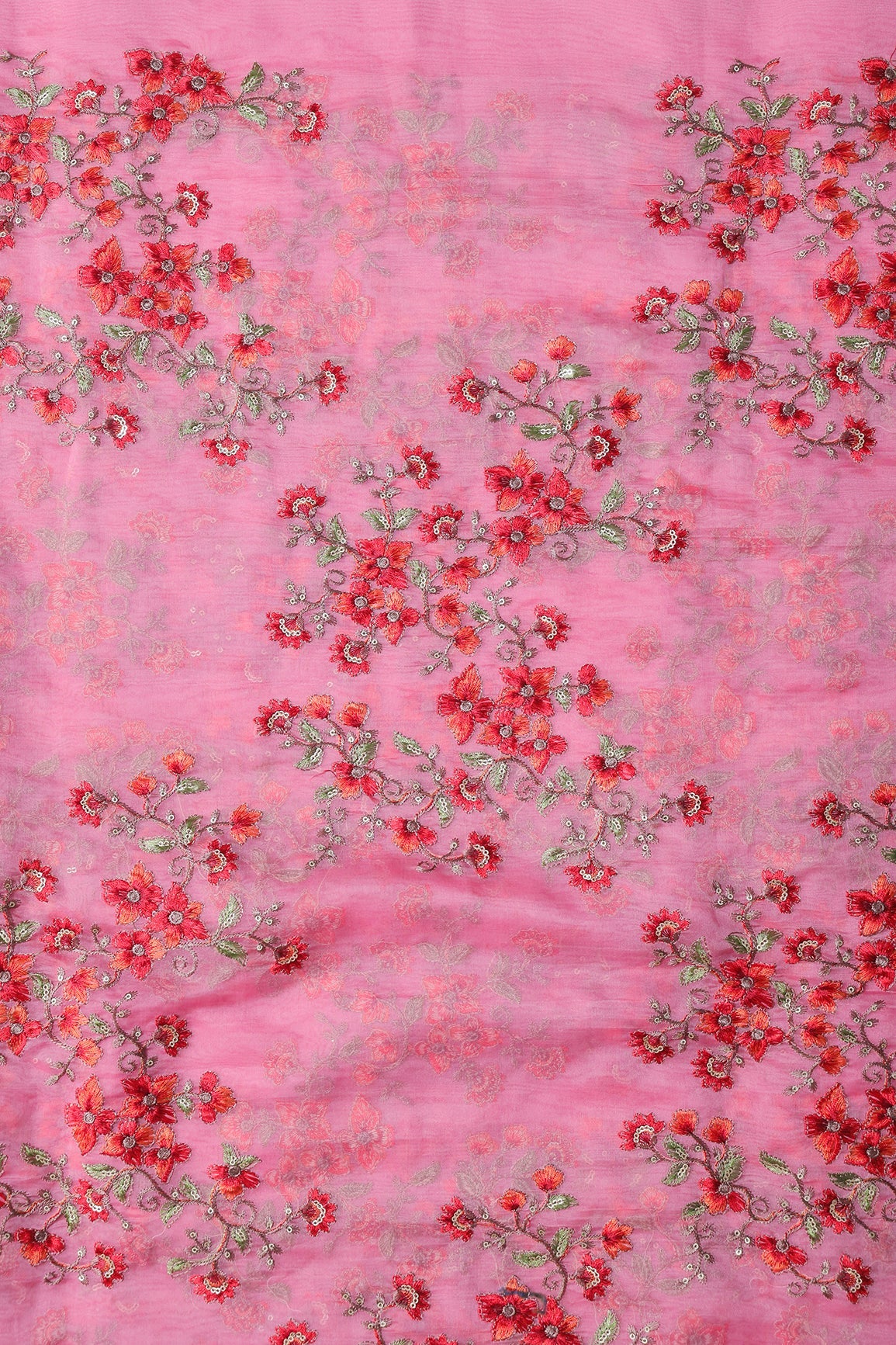 AIzaSyBcstauz-XMPRhEY21AUzeo032pxrXB5Ug - Gold Sequins With Thread Floral Embroidery On Pink Organza Fabric