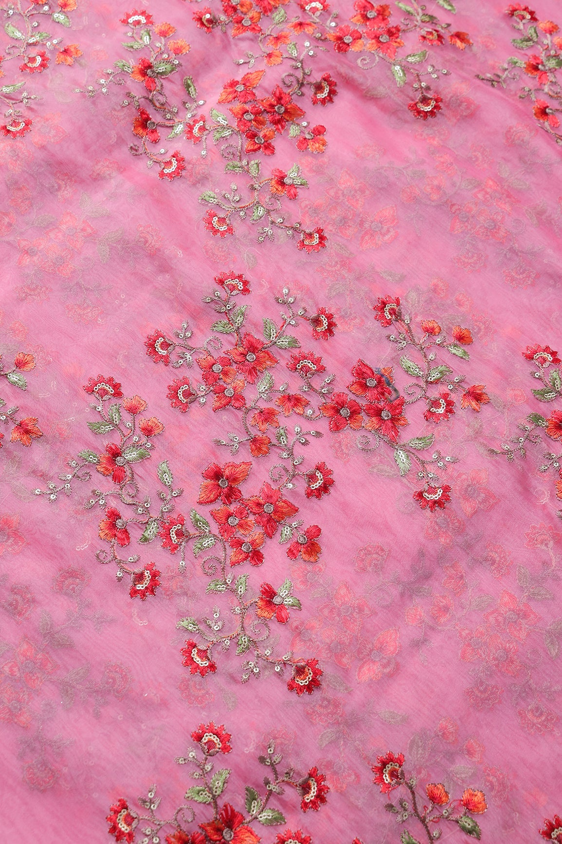 AIzaSyBcstauz-XMPRhEY21AUzeo032pxrXB5Ug - Gold Sequins With Thread Floral Embroidery On Pink Organza Fabric