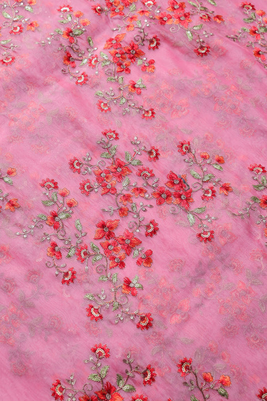 AIzaSyBcstauz-XMPRhEY21AUzeo032pxrXB5Ug - Gold Sequins With Thread Floral Embroidery On Pink Organza Fabric
