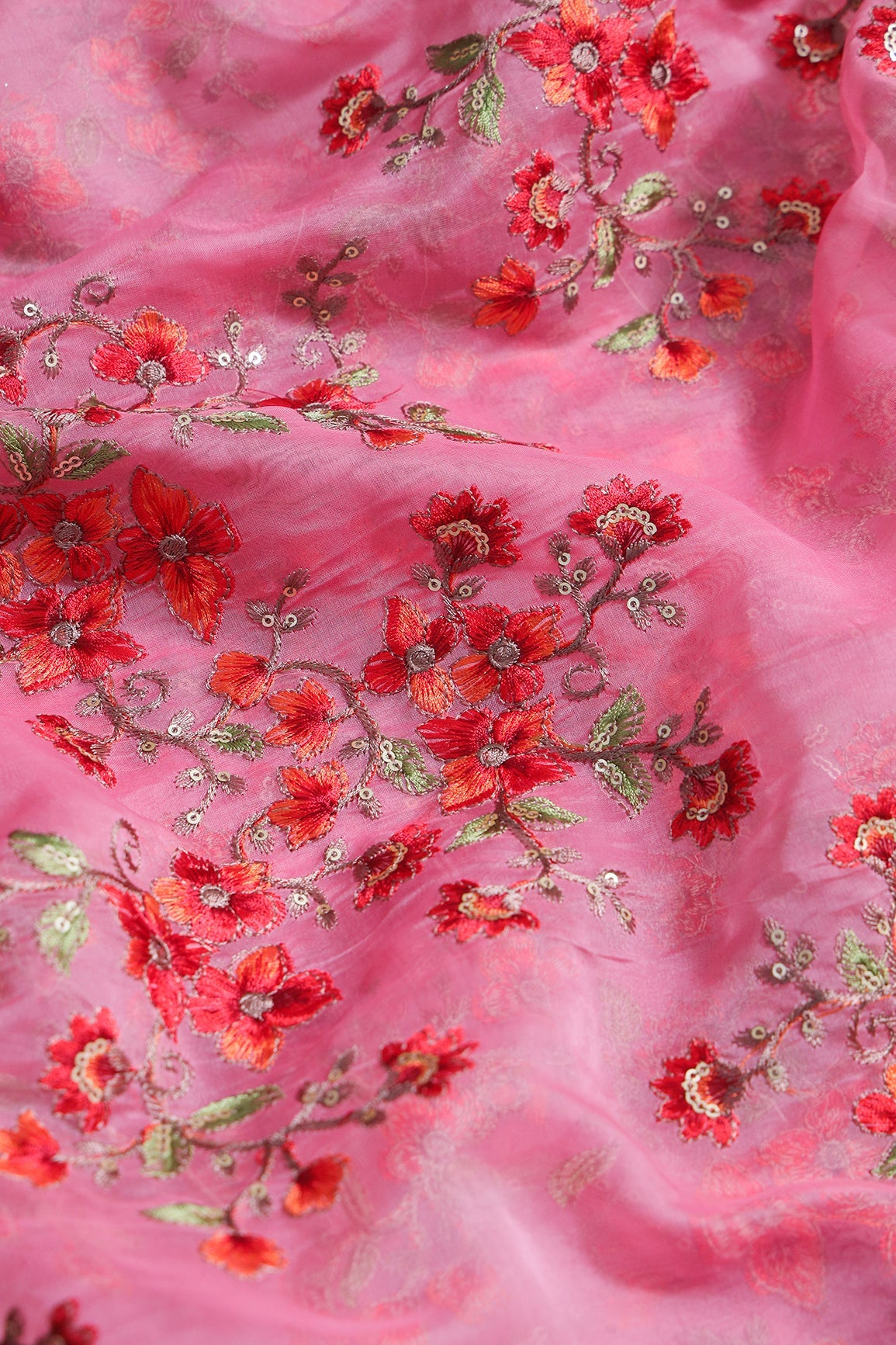 AIzaSyBcstauz-XMPRhEY21AUzeo032pxrXB5Ug - Gold Sequins With Thread Floral Embroidery On Pink Organza Fabric