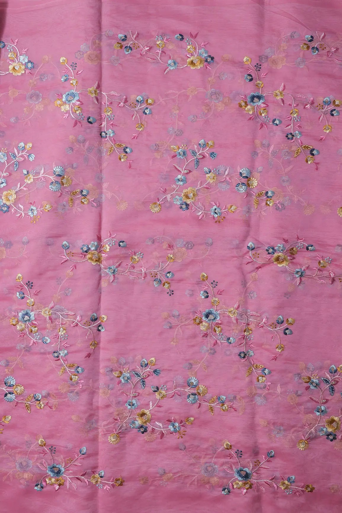 AIzaSyBcstauz-XMPRhEY21AUzeo032pxrXB5Ug - Gold Sequins With Thread Floral Embroidery On Pink Organza Fabric