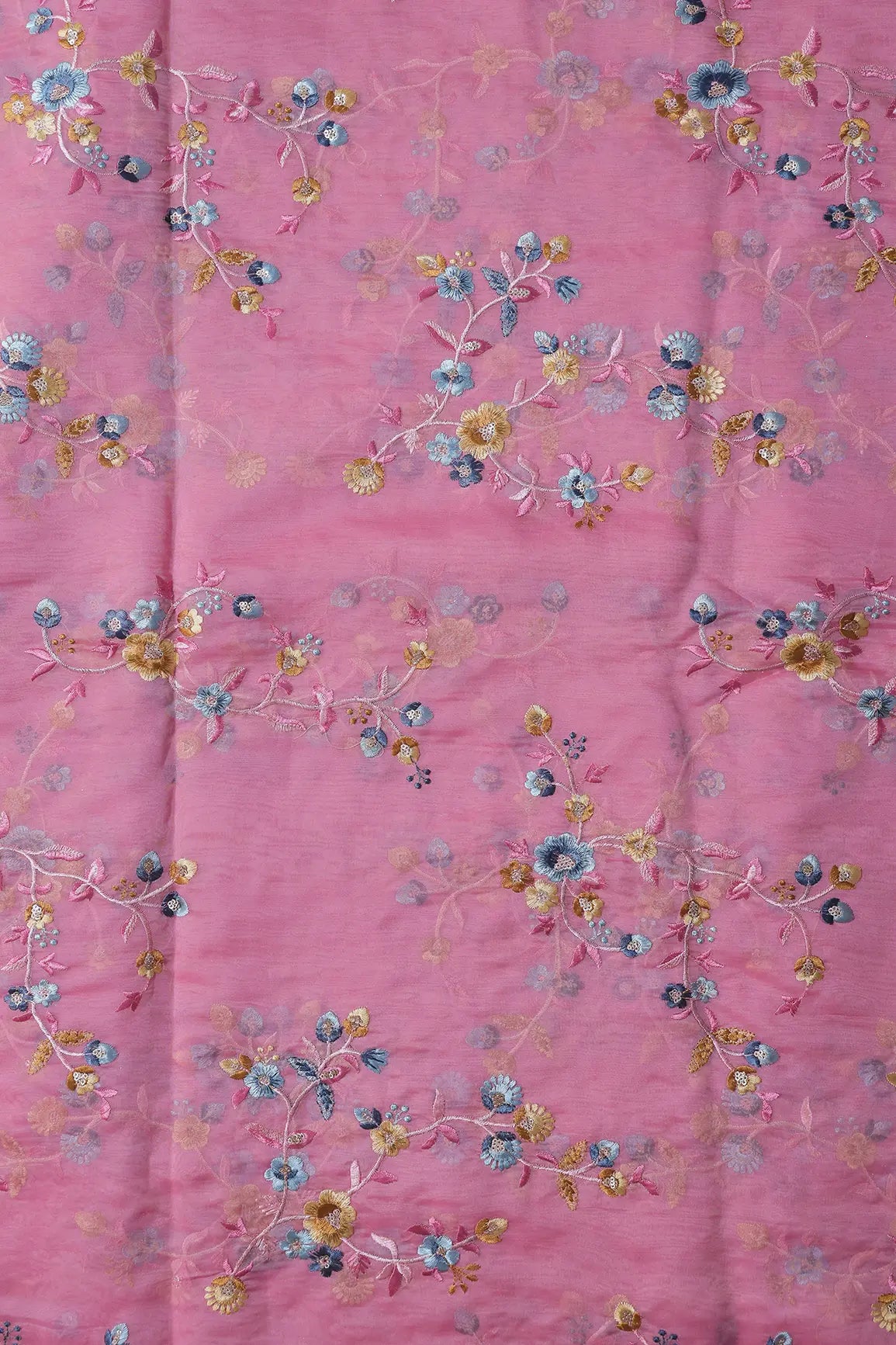 AIzaSyBcstauz-XMPRhEY21AUzeo032pxrXB5Ug - Gold Sequins With Thread Floral Embroidery On Pink Organza Fabric