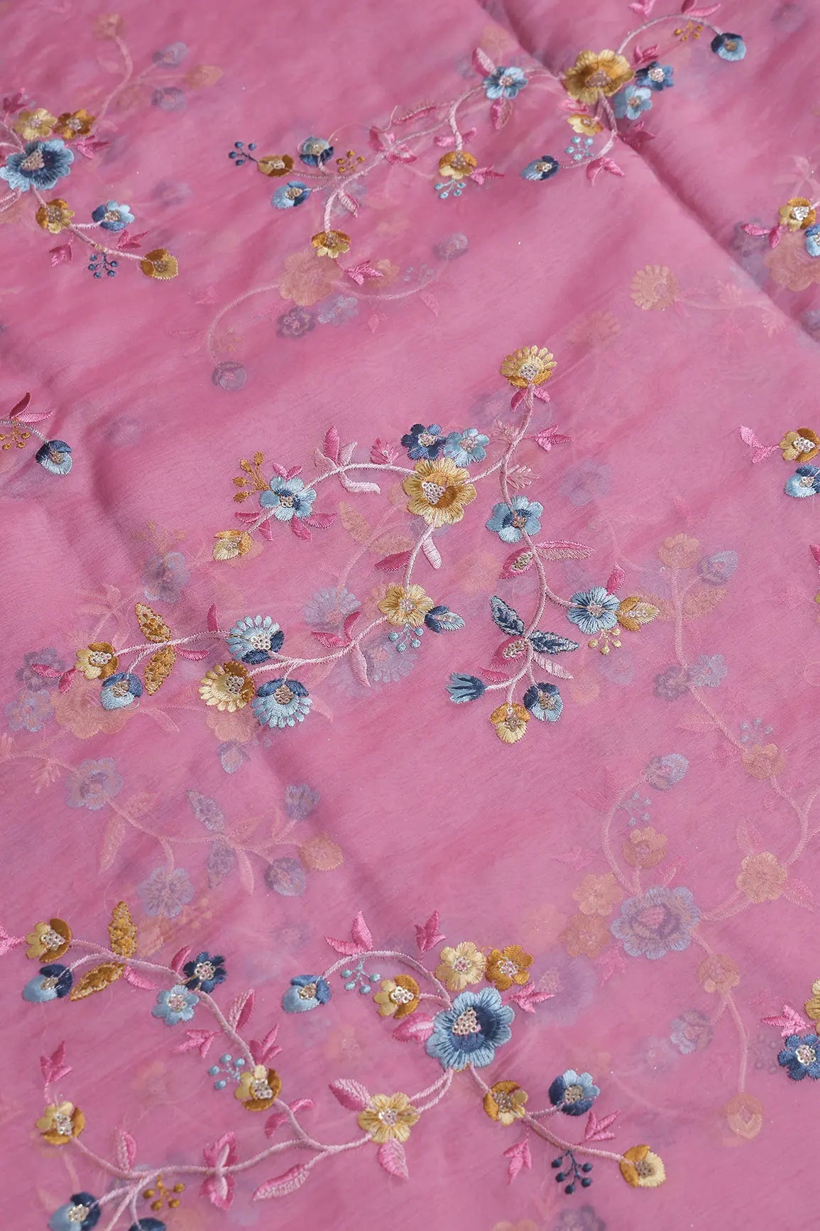 AIzaSyBcstauz-XMPRhEY21AUzeo032pxrXB5Ug - Gold Sequins With Thread Floral Embroidery On Pink Organza Fabric