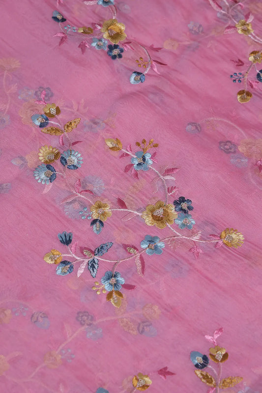 AIzaSyBcstauz-XMPRhEY21AUzeo032pxrXB5Ug - Gold Sequins With Thread Floral Embroidery On Pink Organza Fabric