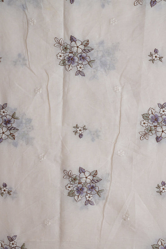 AIzaSyBcstauz-XMPRhEY21AUzeo032pxrXB5Ug - Lavender And Olive Thread Floral Embroidery On Off White Organic Cotton Fabric