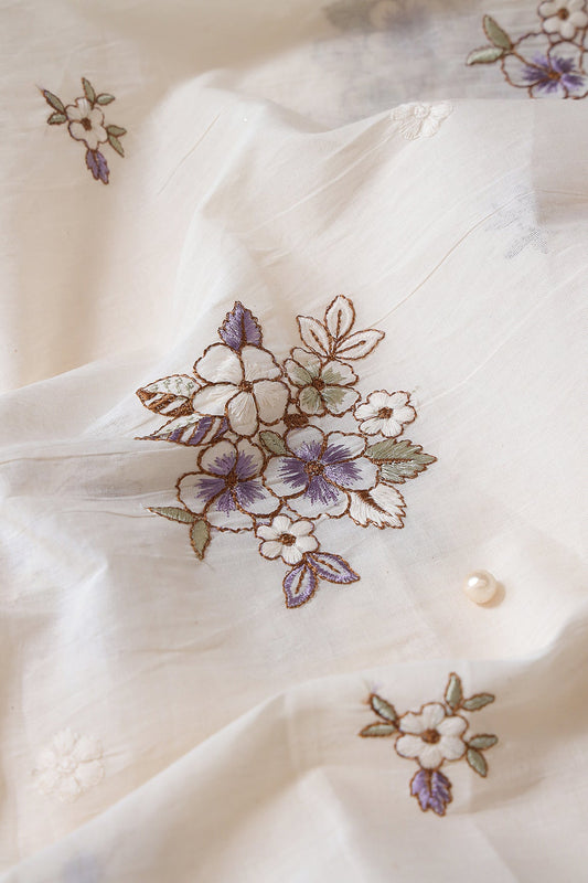 AIzaSyBcstauz-XMPRhEY21AUzeo032pxrXB5Ug - Lavender And Olive Thread Floral Embroidery On Off White Organic Cotton Fabric