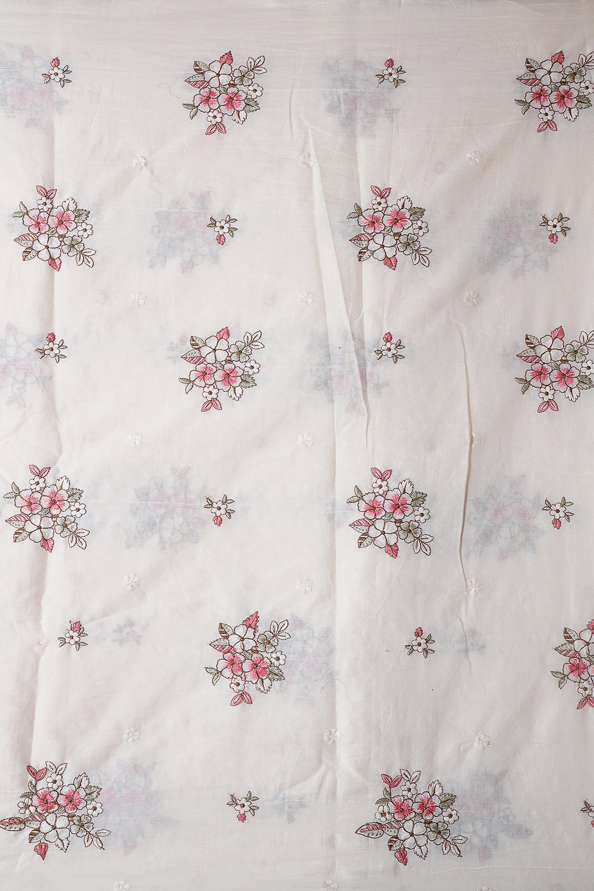 AIzaSyBcstauz-XMPRhEY21AUzeo032pxrXB5Ug - Gajri Pink And Olive Thread Floral Embroidery On Off White Organic Cotton Fabric