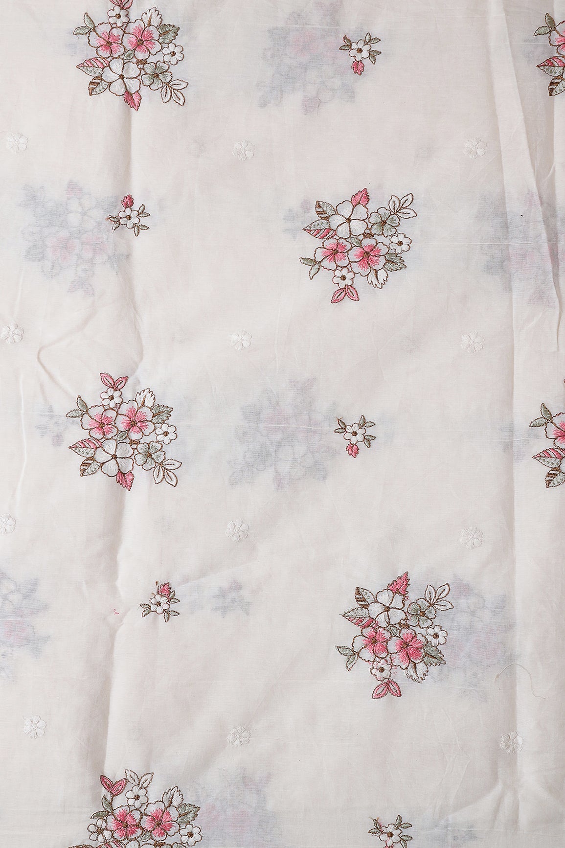 AIzaSyBcstauz-XMPRhEY21AUzeo032pxrXB5Ug - Gajri Pink And Olive Thread Floral Embroidery On Off White Organic Cotton Fabric