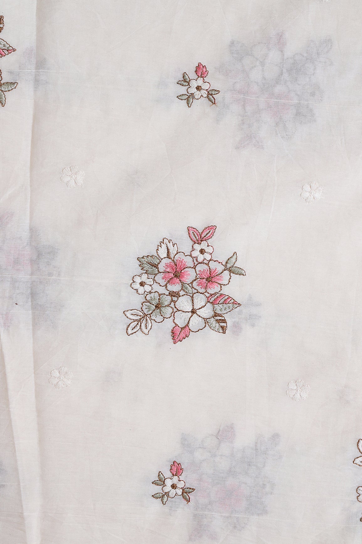 AIzaSyBcstauz-XMPRhEY21AUzeo032pxrXB5Ug - Gajri Pink And Olive Thread Floral Embroidery On Off White Organic Cotton Fabric