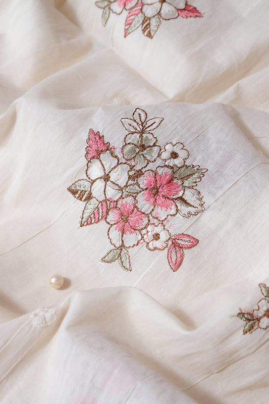 AIzaSyBcstauz-XMPRhEY21AUzeo032pxrXB5Ug - Gajri Pink And Olive Thread Floral Embroidery On Off White Organic Cotton Fabric