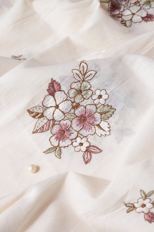 Mauve And Olive Thread Floral Embroidery On Off White Organic Cotton Fabric