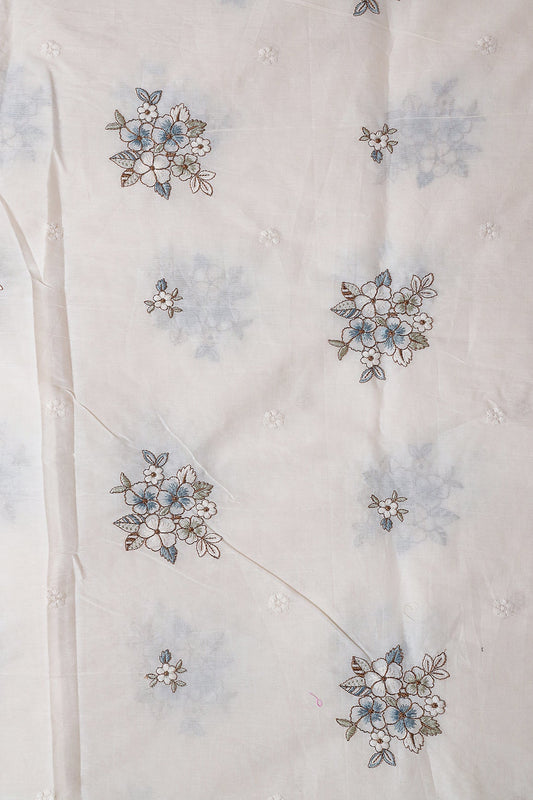Rama And Olive Thread Floral Embroidery On Off White Organic Cotton Fabric