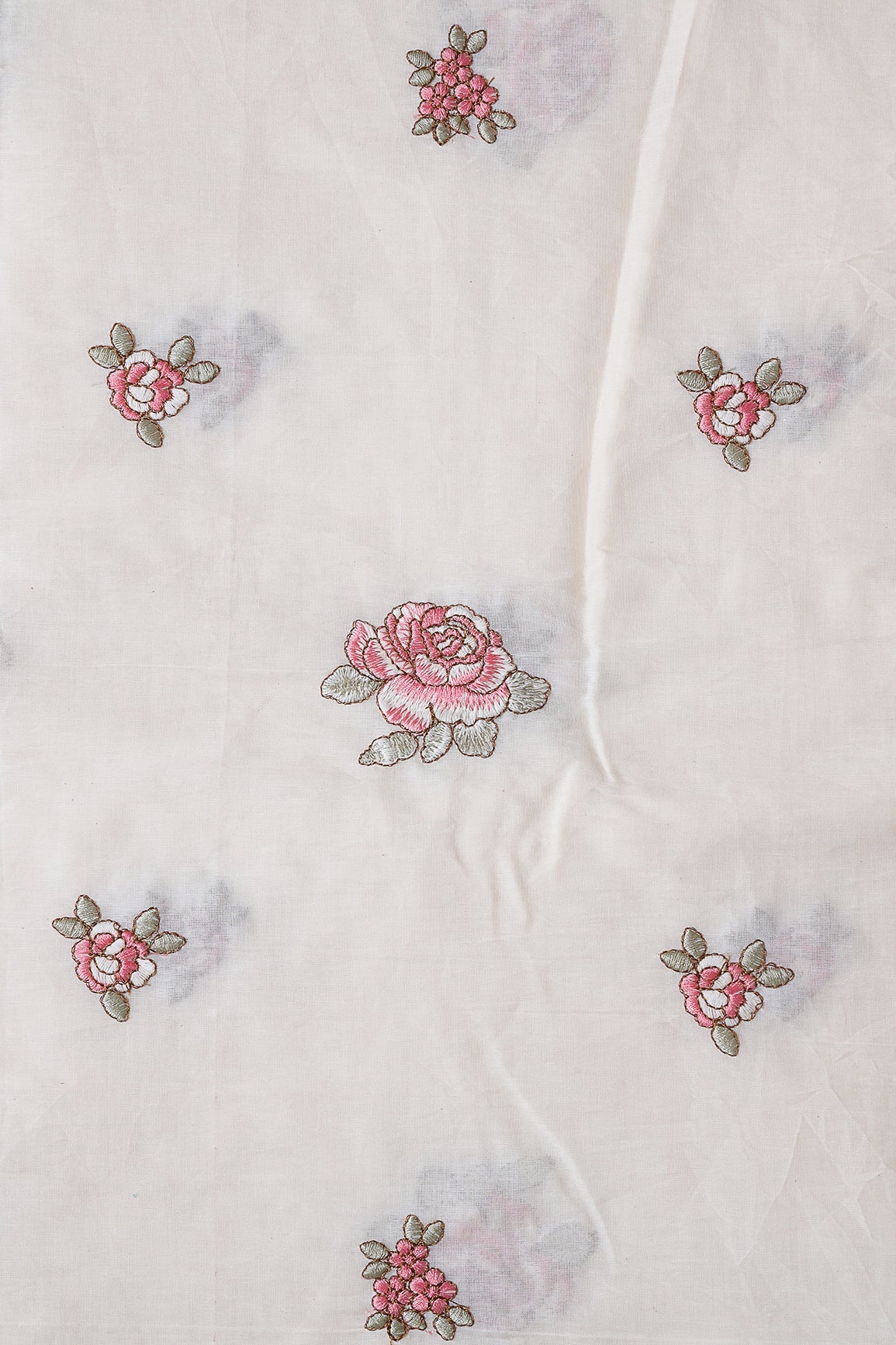 AIzaSyBcstauz-XMPRhEY21AUzeo032pxrXB5Ug - Gajri Pink And Olive Thread Floral Embroidery On Off White Organic Cotton Fabric