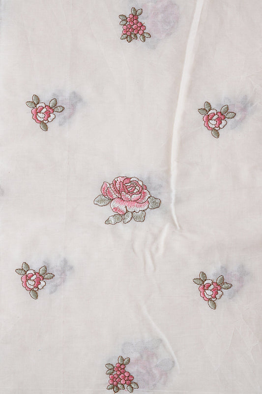 AIzaSyBcstauz-XMPRhEY21AUzeo032pxrXB5Ug - Gajri Pink And Olive Thread Floral Embroidery On Off White Organic Cotton Fabric