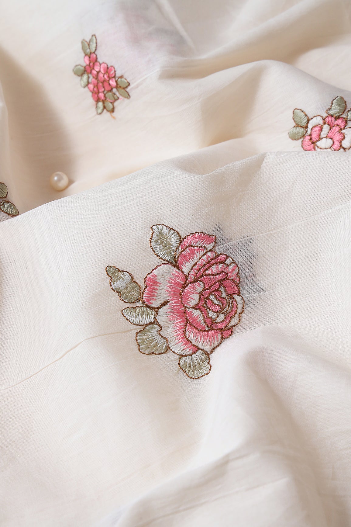 AIzaSyBcstauz-XMPRhEY21AUzeo032pxrXB5Ug - Gajri Pink And Olive Thread Floral Embroidery On Off White Organic Cotton Fabric