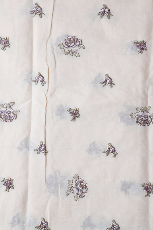 Purple And Olive Thread Floral Embroidery On Off White Organic Cotton Fabric