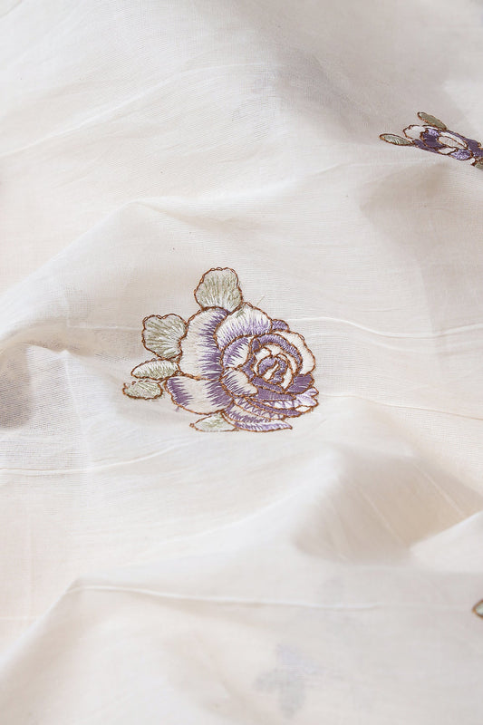 Purple And Olive Thread Floral Embroidery On Off White Organic Cotton Fabric