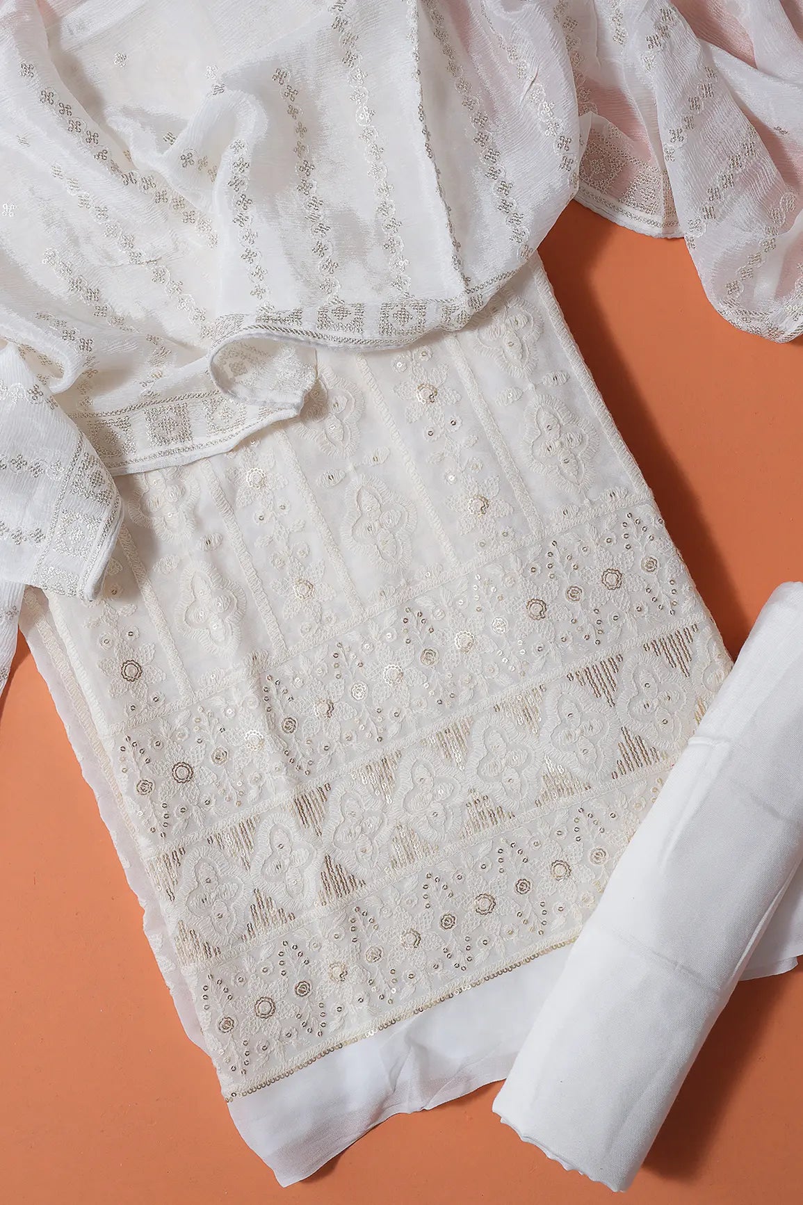 AIzaSyBcstauz-XMPRhEY21AUzeo032pxrXB5Ug - Dyeable Lucknowi Unstitched Pure Viscose Georgette Suit Set (3 piece)