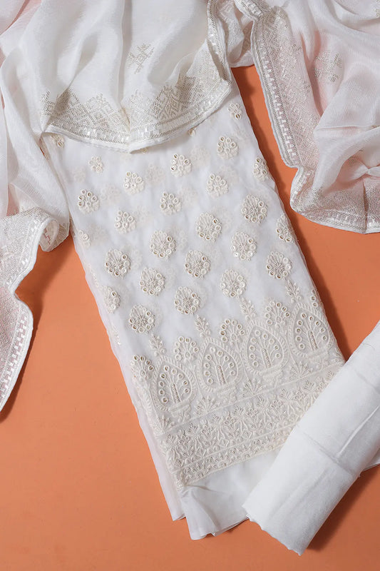 AIzaSyBcstauz-XMPRhEY21AUzeo032pxrXB5Ug - Dyeable Lucknowi Unstitched Pure Viscose Georgette Suit Set (3 piece)