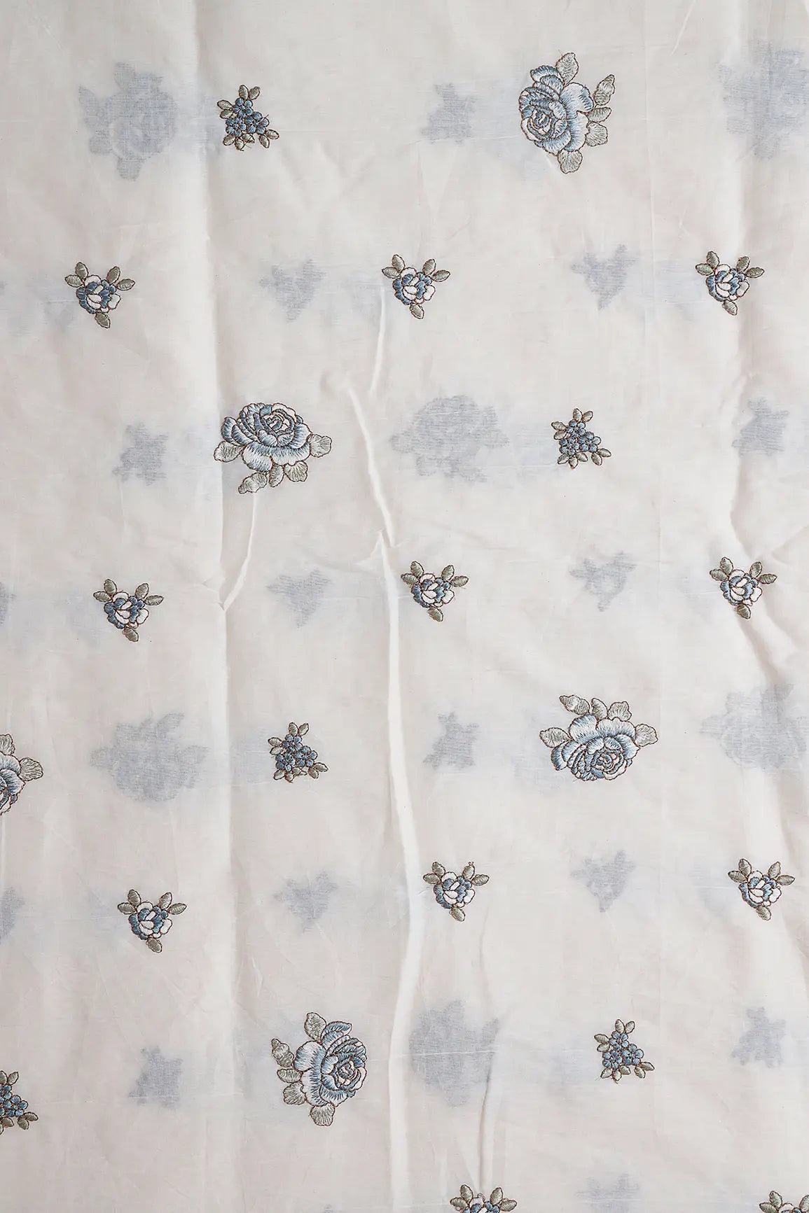 AIzaSyBcstauz-XMPRhEY21AUzeo032pxrXB5Ug - Blue And Olive Thread Floral Embroidery On Off White Organic Cotton Fabric