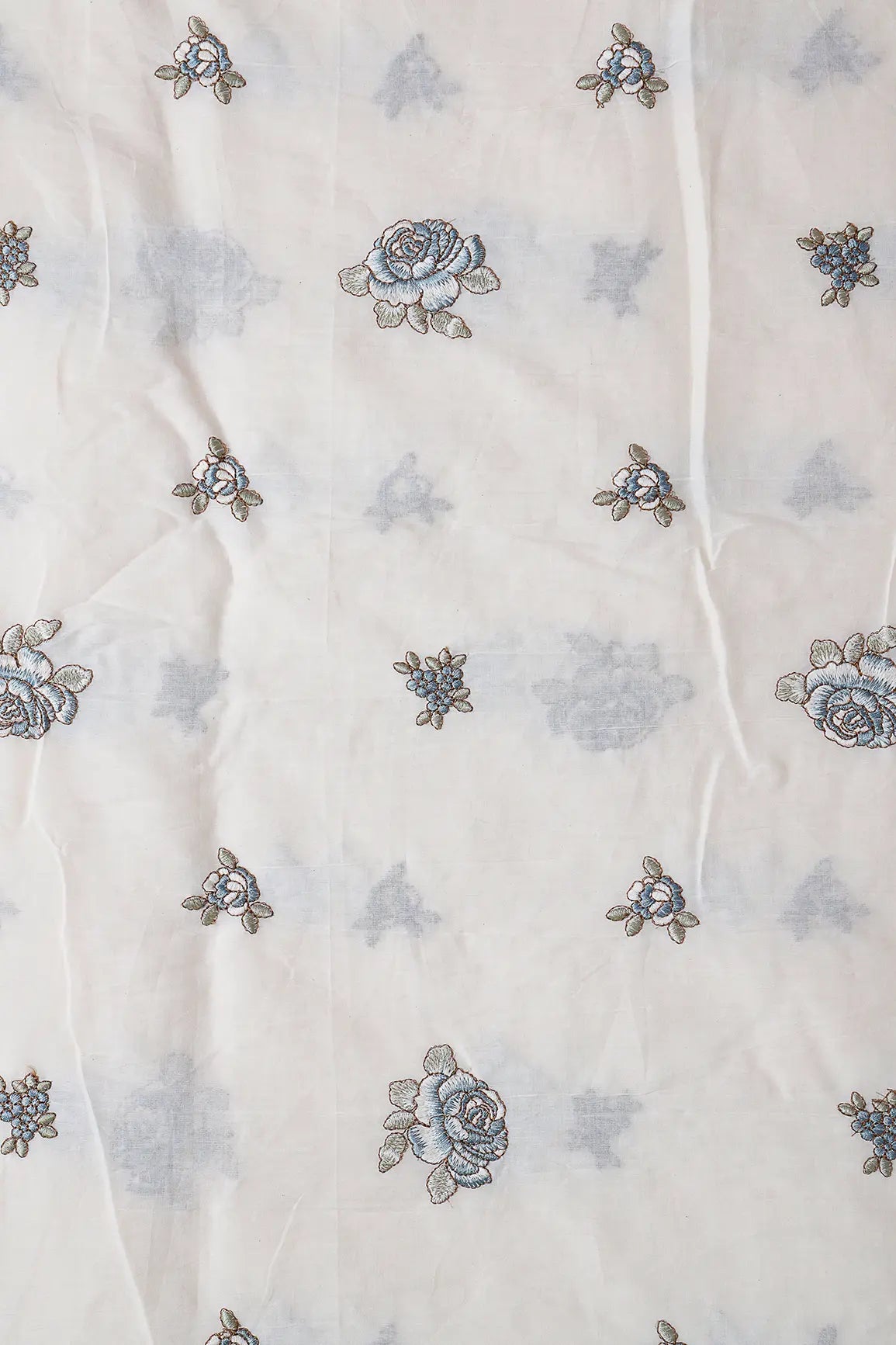 AIzaSyBcstauz-XMPRhEY21AUzeo032pxrXB5Ug - Blue And Olive Thread Floral Embroidery On Off White Organic Cotton Fabric