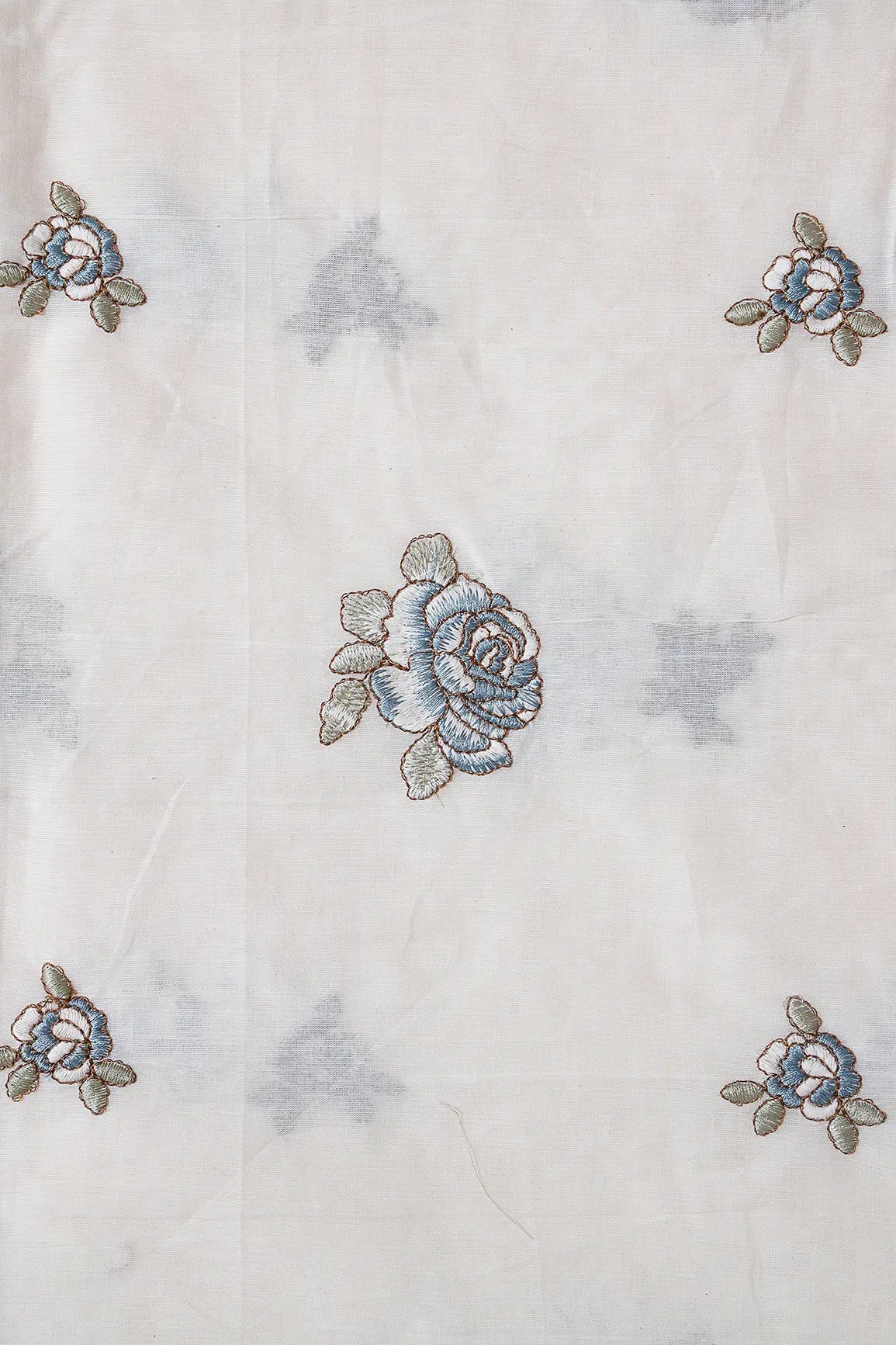 AIzaSyBcstauz-XMPRhEY21AUzeo032pxrXB5Ug - Blue And Olive Thread Floral Embroidery On Off White Organic Cotton Fabric