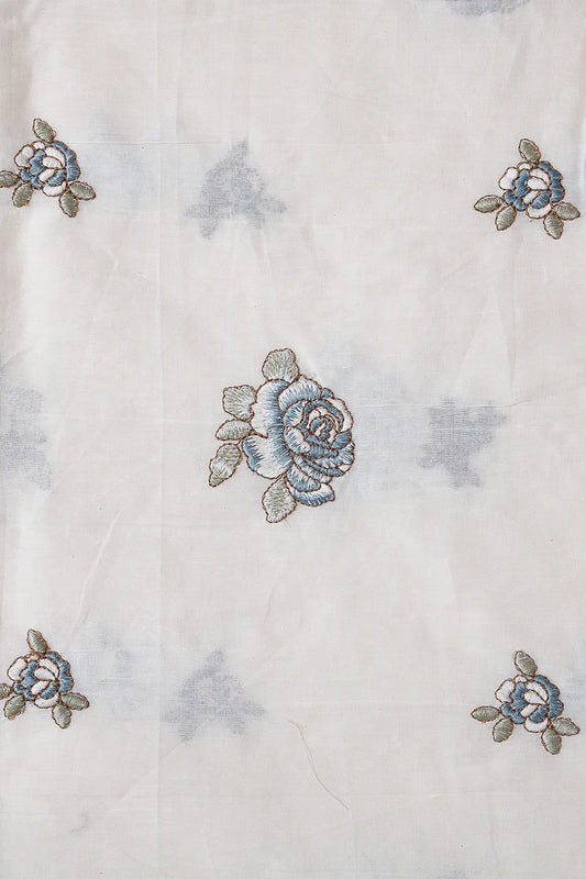 AIzaSyBcstauz-XMPRhEY21AUzeo032pxrXB5Ug - Blue And Olive Thread Floral Embroidery On Off White Organic Cotton Fabric