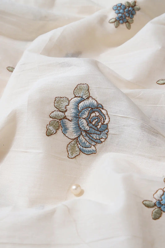 AIzaSyBcstauz-XMPRhEY21AUzeo032pxrXB5Ug - Blue And Olive Thread Floral Embroidery On Off White Organic Cotton Fabric