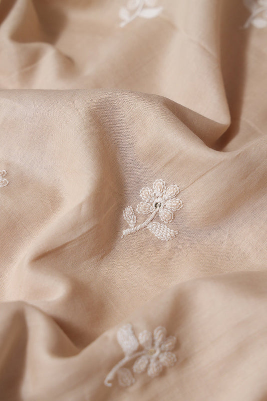 White Thread Small Floral Embroidery On Beige Pure Mul Cotton Fabric