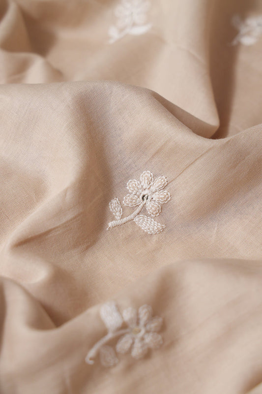 White Thread Small Floral Embroidery On Beige Pure Mul Cotton Fabric