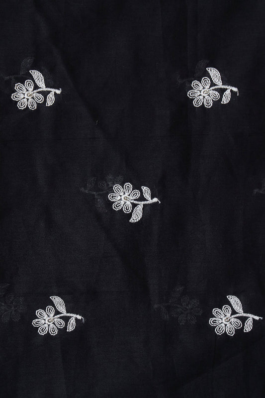 White Thread Small Floral Embroidery On Black Pure Mul Cotton Fabric