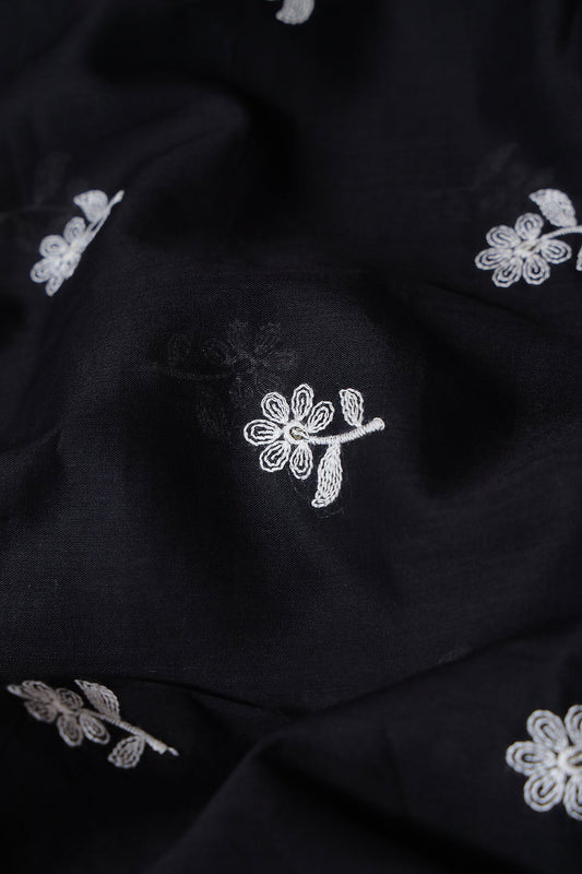 White Thread Small Floral Embroidery On Black Pure Mul Cotton Fabric
