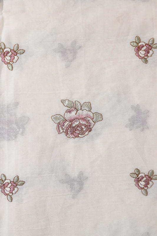 Mauve And Olive Thread Floral Embroidery On Off White Organic Cotton Fabric