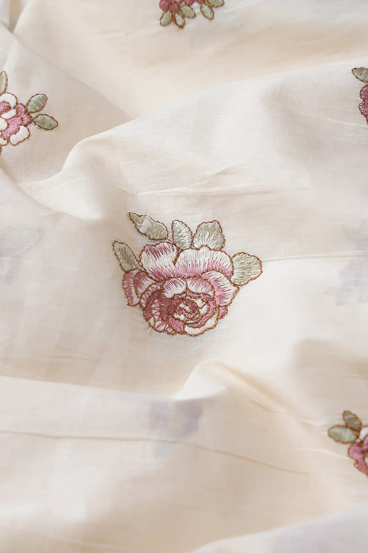 Mauve And Olive Thread Floral Embroidery On Off White Organic Cotton Fabric