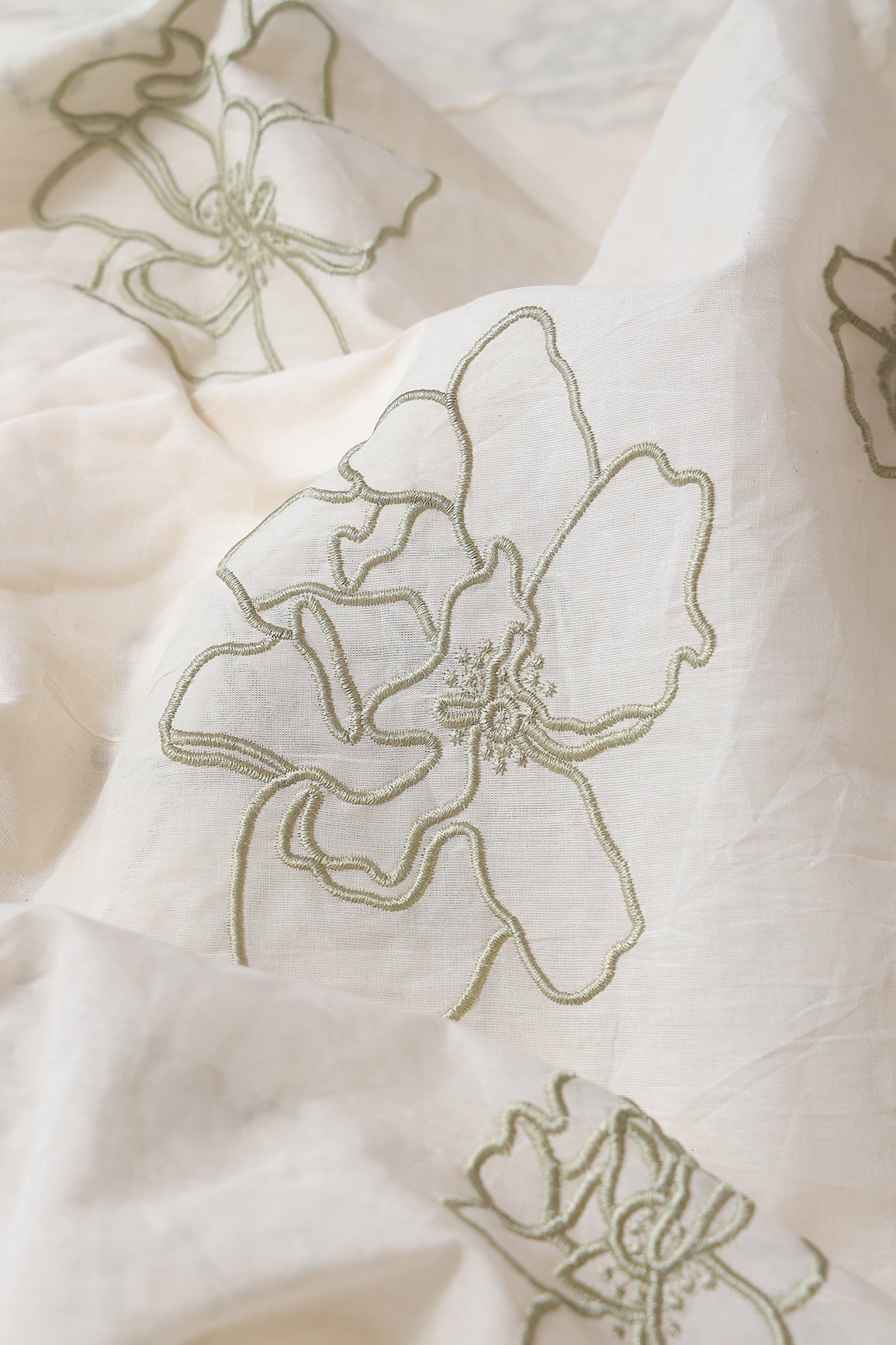AIzaSyBcstauz-XMPRhEY21AUzeo032pxrXB5Ug - Beautiful Olive Floral Embroidery On Off White Organic Cotton Fabric