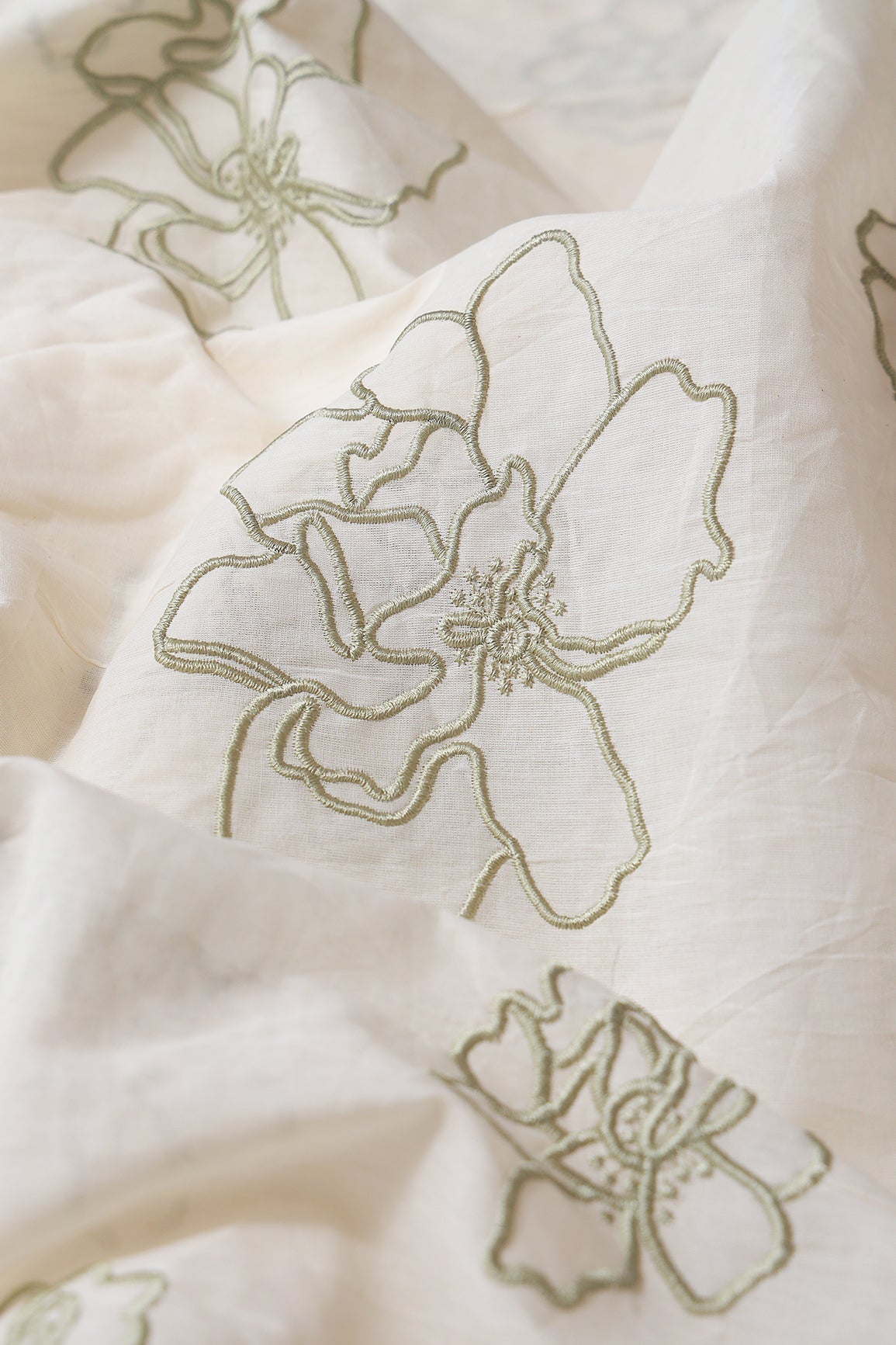 AIzaSyBcstauz-XMPRhEY21AUzeo032pxrXB5Ug - Beautiful Olive Floral Embroidery On Off White Organic Cotton Fabric