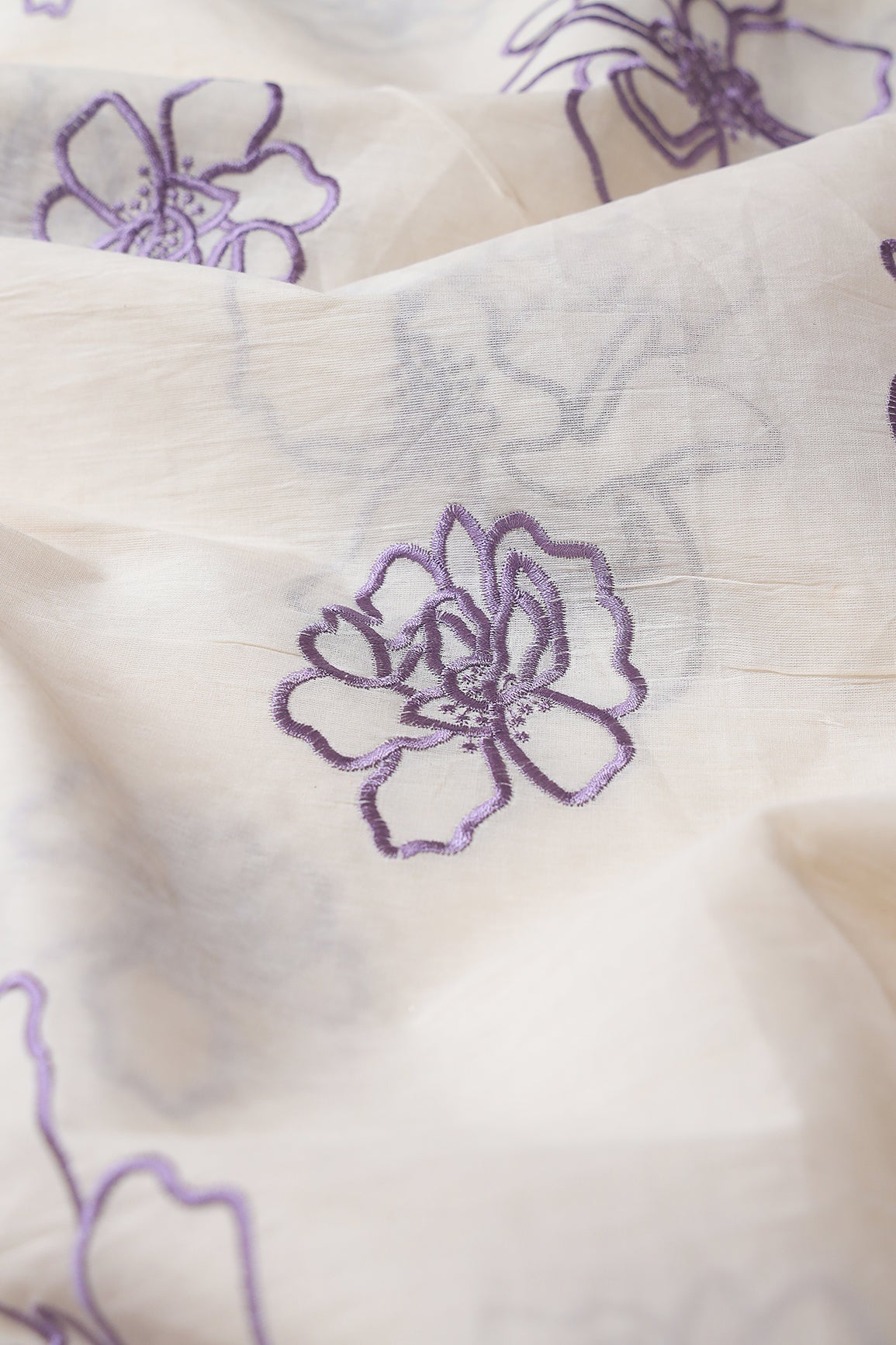 AIzaSyBcstauz-XMPRhEY21AUzeo032pxrXB5Ug - Beautiful Purple Floral Embroidery On Off White Organic Cotton Fabric