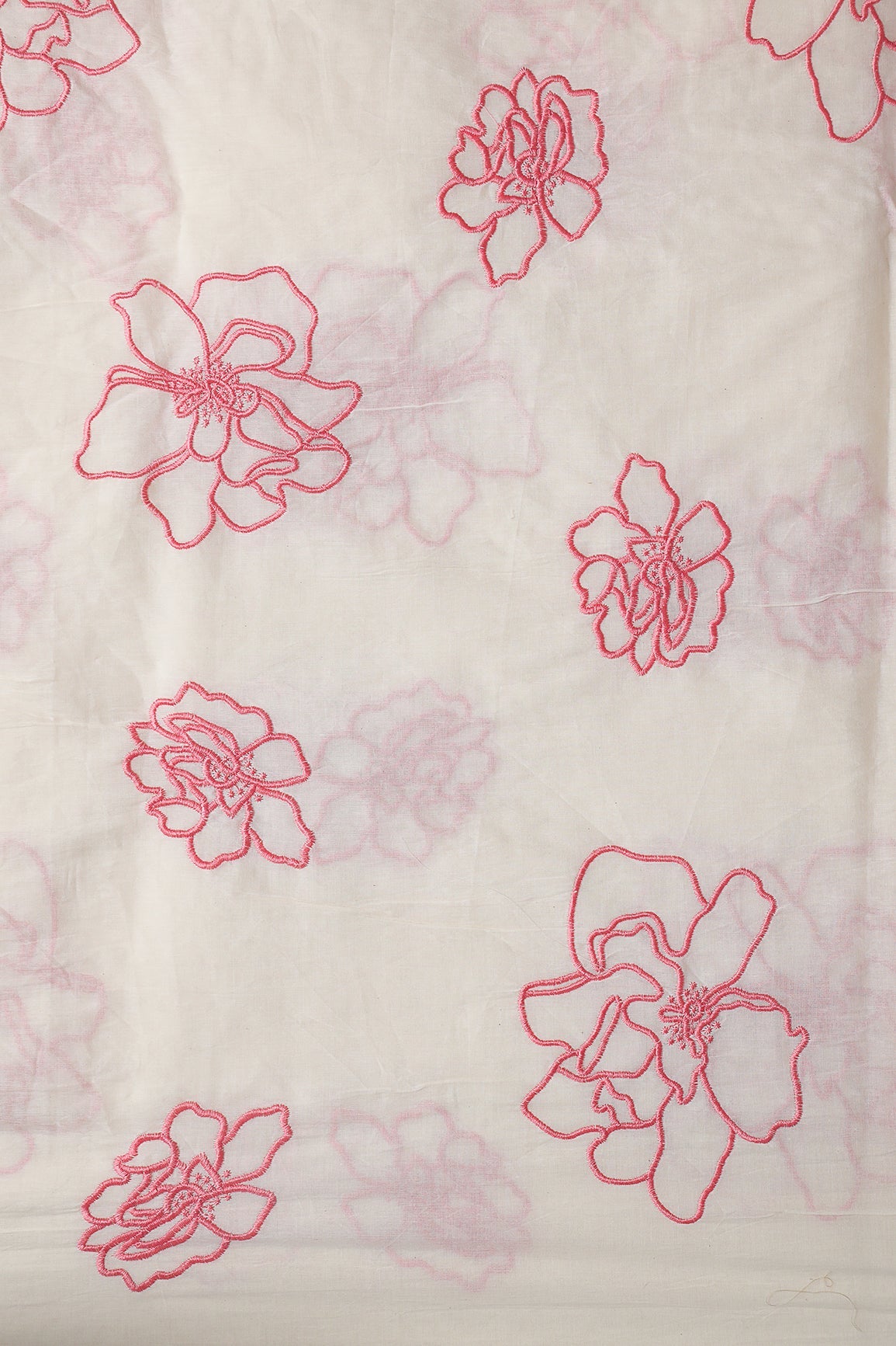 AIzaSyBcstauz-XMPRhEY21AUzeo032pxrXB5Ug - Beautiful Gajri Pink Floral Embroidery On Off White Organic Cotton Fabric