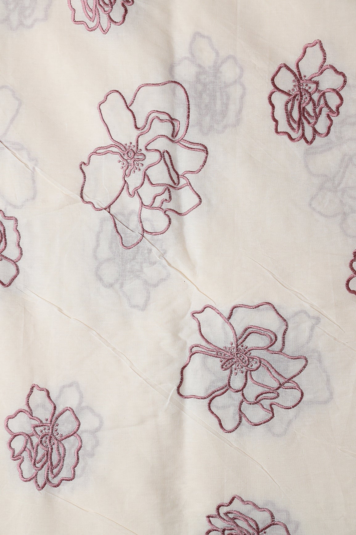 AIzaSyBcstauz-XMPRhEY21AUzeo032pxrXB5Ug - Beautiful Mauve Floral Embroidery On Off White Organic Cotton Fabric