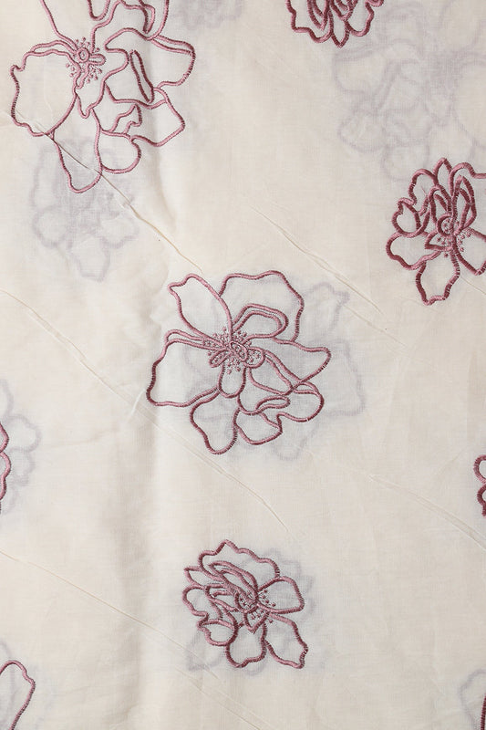 AIzaSyBcstauz-XMPRhEY21AUzeo032pxrXB5Ug - Beautiful Mauve Floral Embroidery On Off White Organic Cotton Fabric